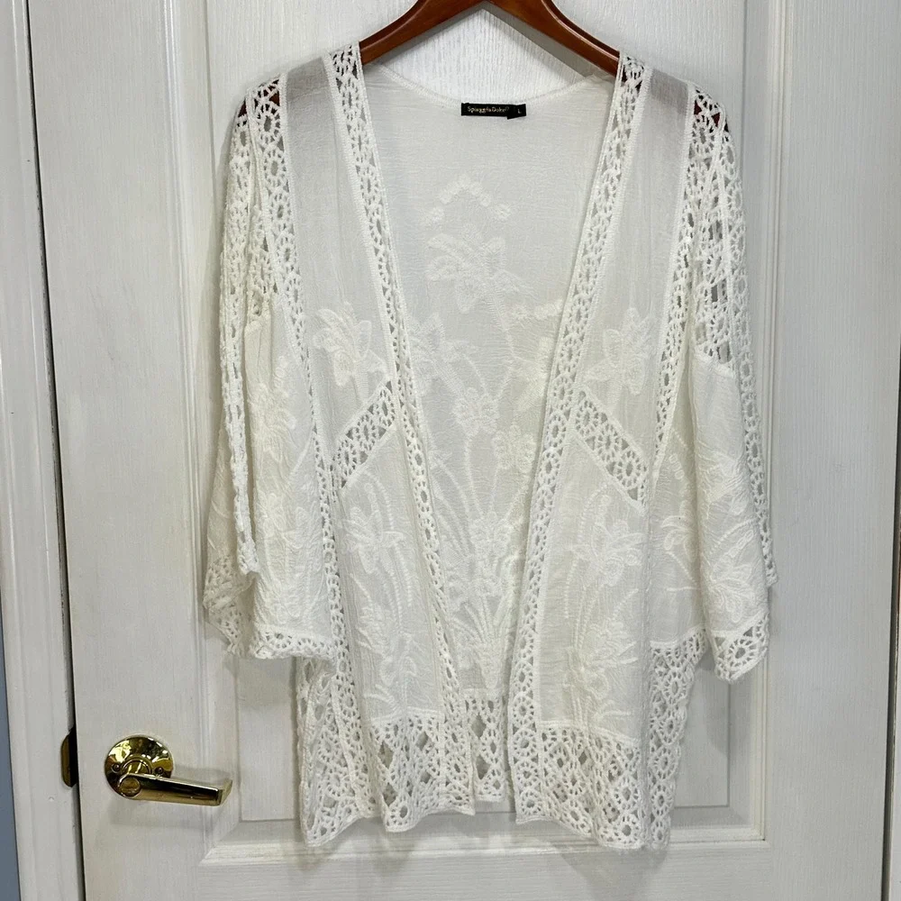 Spiaggia Dolce White Cotton Crochet Lace Floral Embroidered Kimono Cardigan L